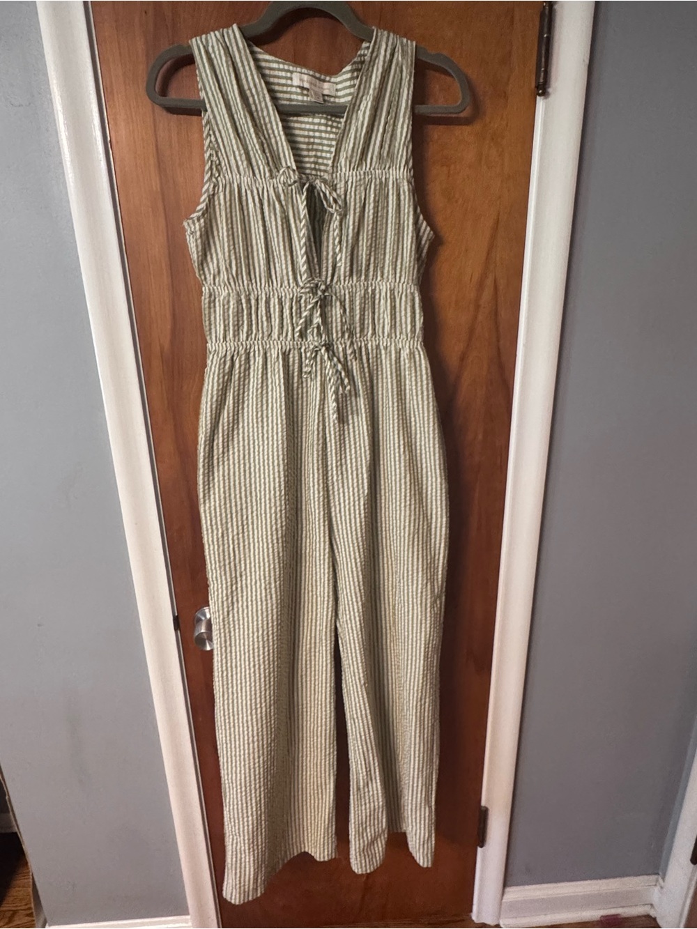 Monteau Olive and Cream Striped Sleeveless Jumpsuit
